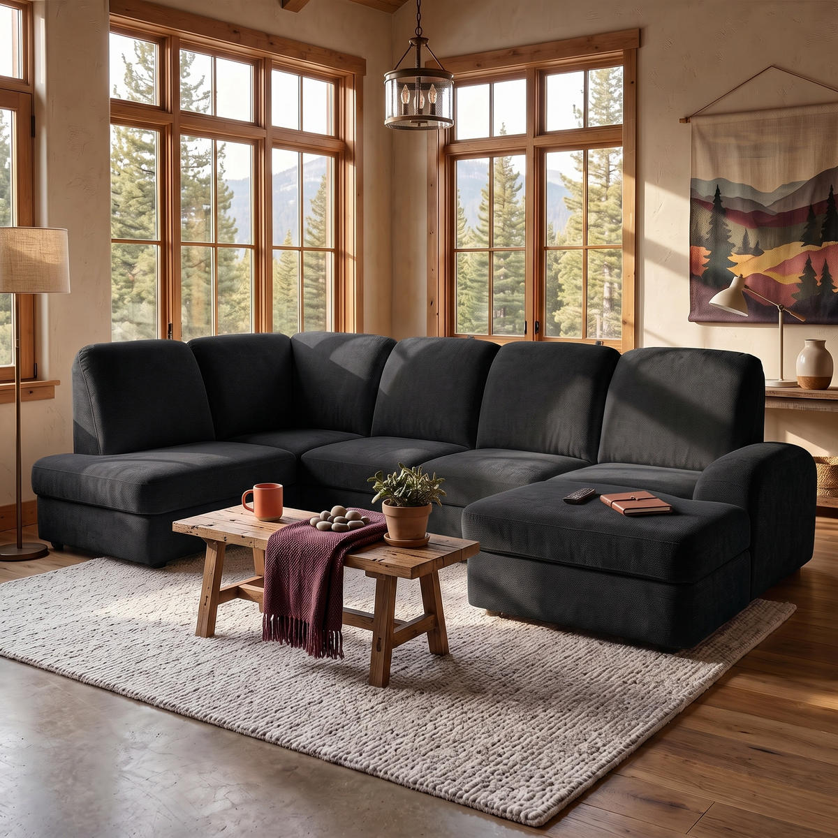 ECKSOFA VIBE U Links mit Schlaffunktion 129x263 Chenille Anthrazit - Anthrazit/Schwarz, Holz/Kunststoff (280/102/186cm) - Muffo
