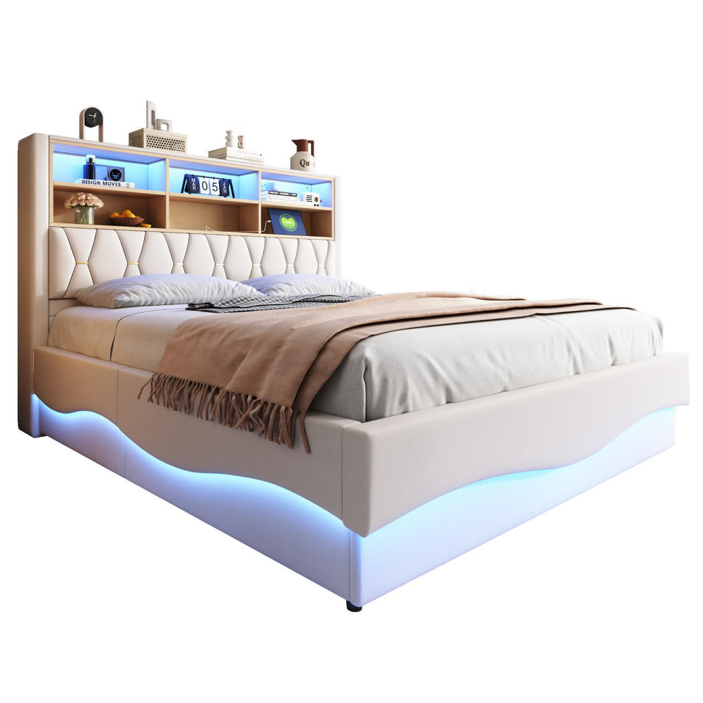 OKWISH ČALOUNĚNÁ postel 180/200 cm béžová z kovu s LED osvětlením, USB a úložným prostorem