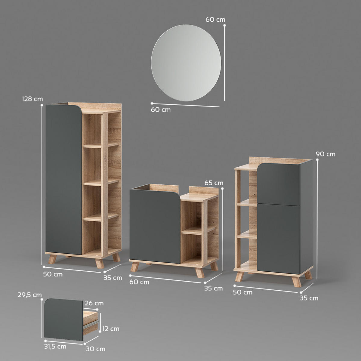 BADMÖBEL-SET Marano Anthrazit 4 Teile - Anthrazit/Sonoma Eiche, Holzwerkstoff (35/65/60cm) - Livinity®