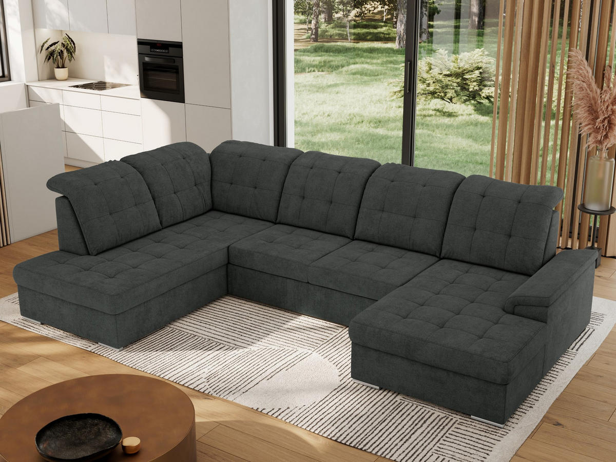 WOHNLANDSCHAFT MADRITO U - Dunkelgrau Struktur - Links - Dunkelgrau/Silberfarben, Textil/Metall (204/89/323cm) - MKS