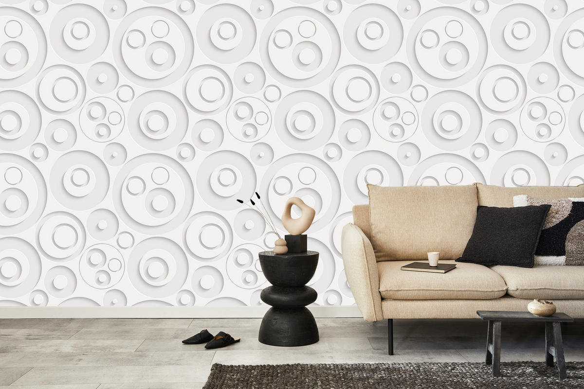 VLIESTAPETE Geometrische Kreise in 3D-Optik – Weiß, Grau – 50x1000 cm - Weiß/Grau, Papier (50/1000cm) - Muralo