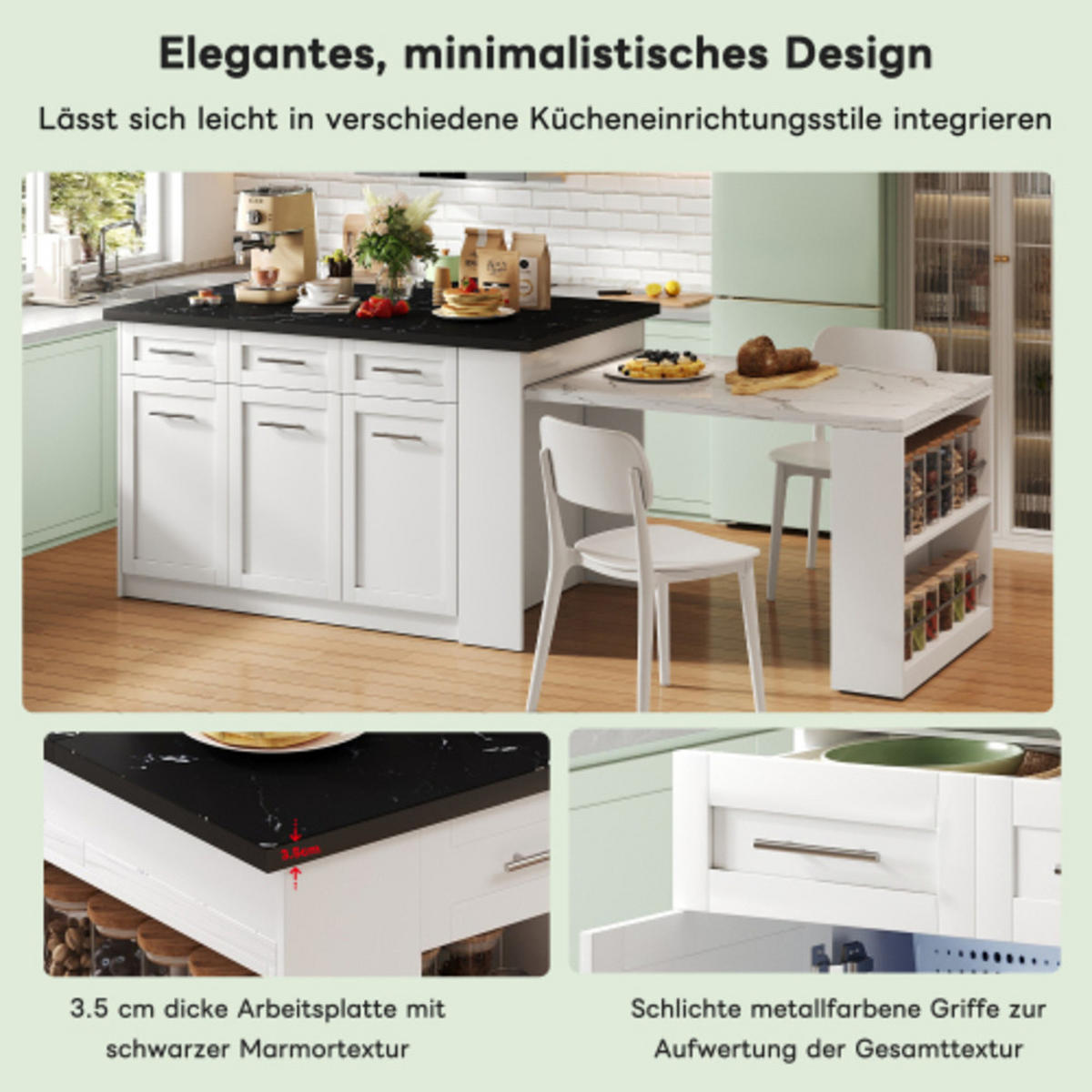 KÜCHENINSEL Weiß aus MDF mit integriertem ausziehbarem Esstisch 150 × 90 × 90 cm - Weiß, Holzwerkstoff (150/90/90cm) - Luhomfu