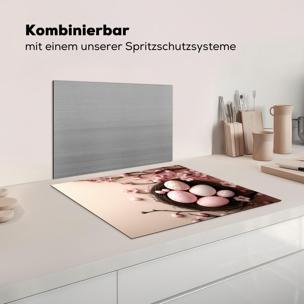 HERDABDECKPLATTE Rosa - Blüten - Eier Herdabdeckung Induktionsfeld 65x52 cm - Hellrosa, Kunststoff (65/52/0.2cm) - MuchoWow