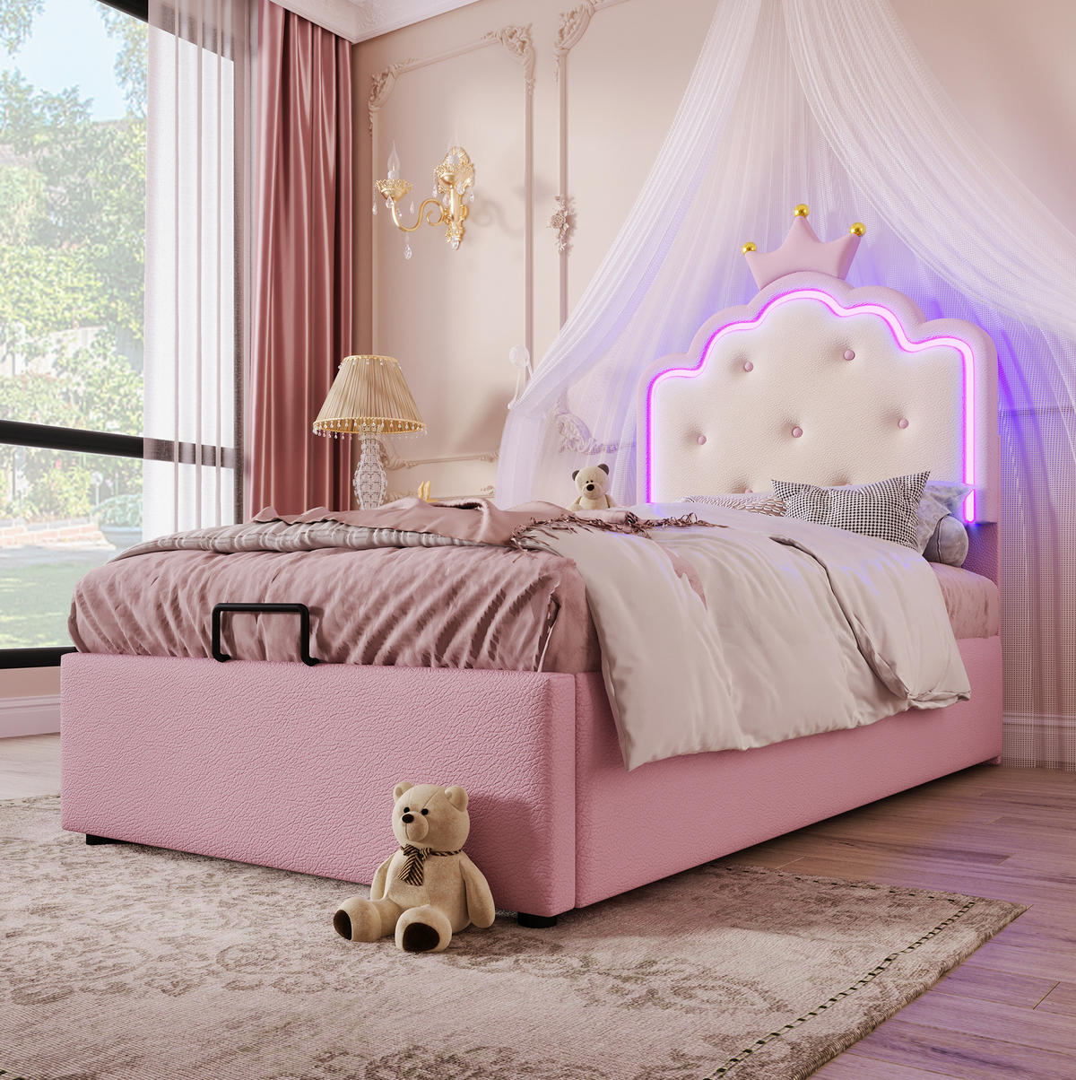 POLSTERBETT 90/200 cm mit Lattenrost, LED-Ambientelicht und hydraulischem Stauraum aus PU, Pink - Rosa, Kunststoff (90/200cm) - Redom