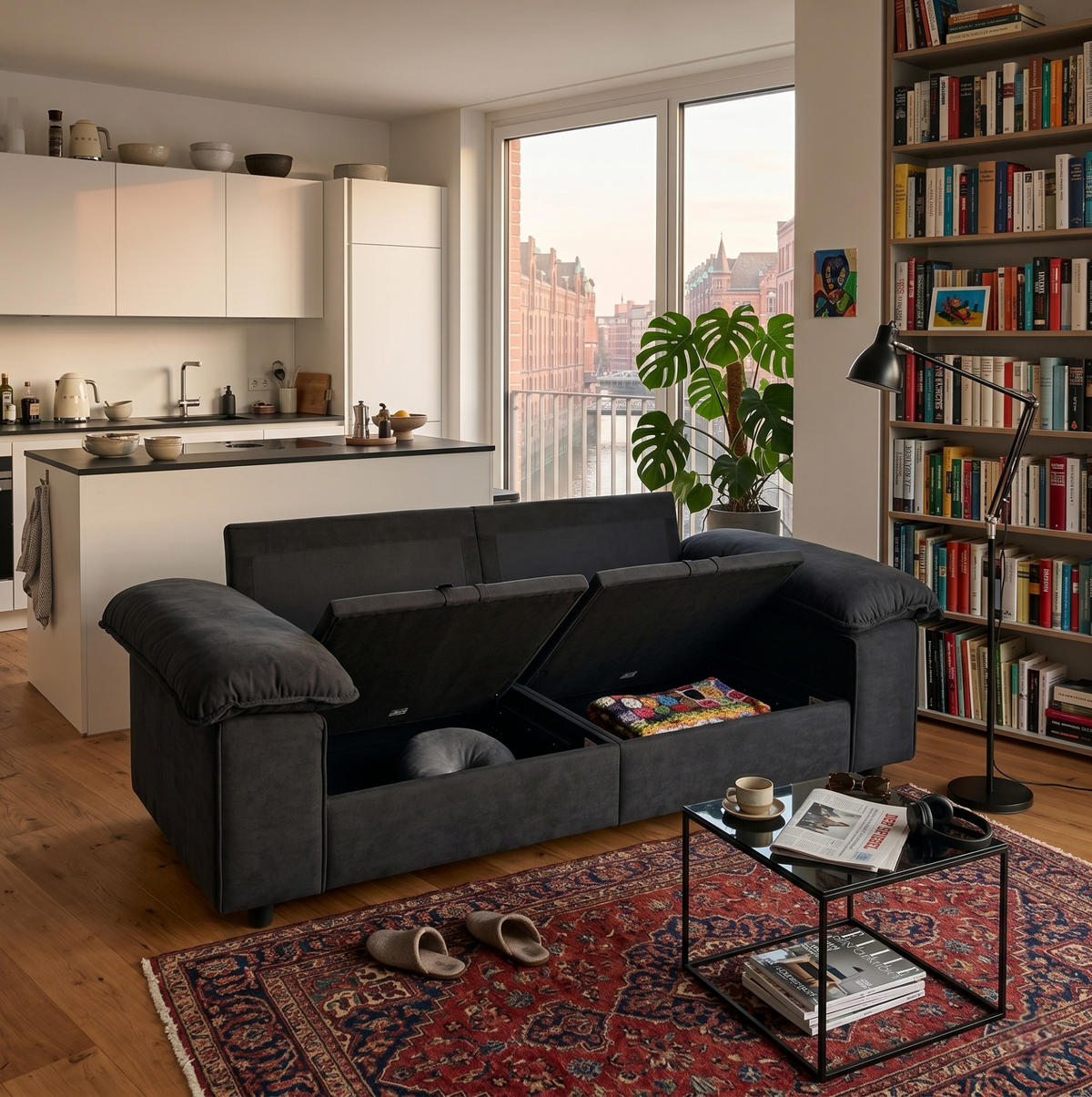 SOFA mit Stauraum Schwarz Massivholz MDF - Schwarz, Holzwerkstoff (201/89/91cm) - Meubliv