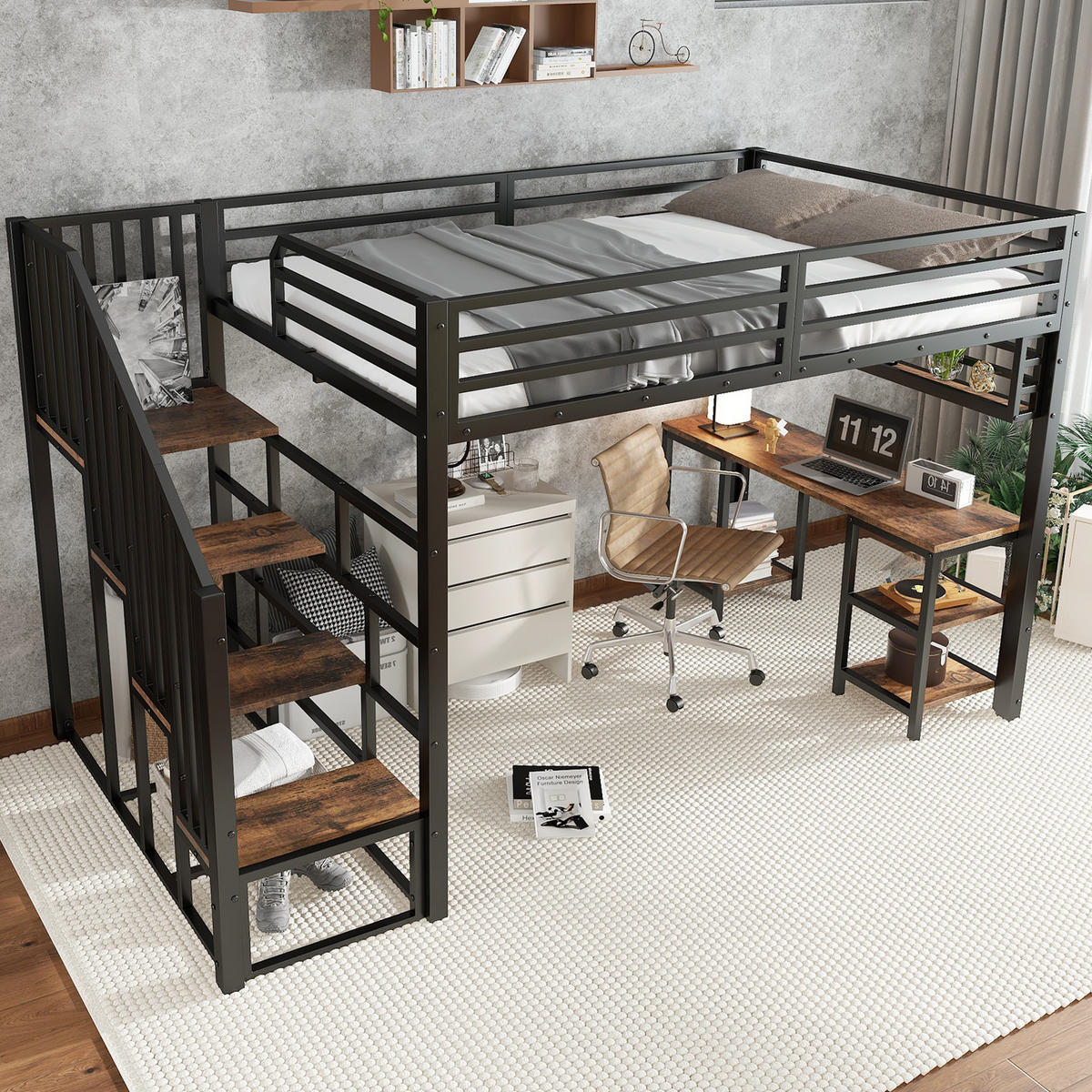 HOCHBETT 120x200 cm Treppe Schreibtisch schwarz - Schwarz, Metall (120/200cm) - LEBENLANG