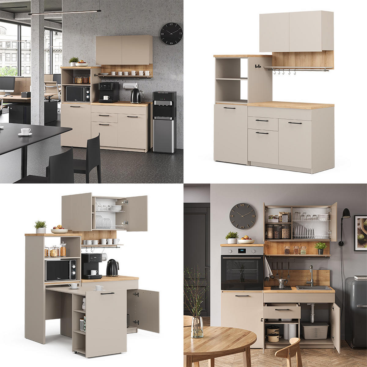 SINGLEKÜCHE Egbert Greige 160 cm mit ausziehbarem Tisch - Honigeiche/Greige, Holzwerkstoff (160/81.6/60cm) - Vicco
