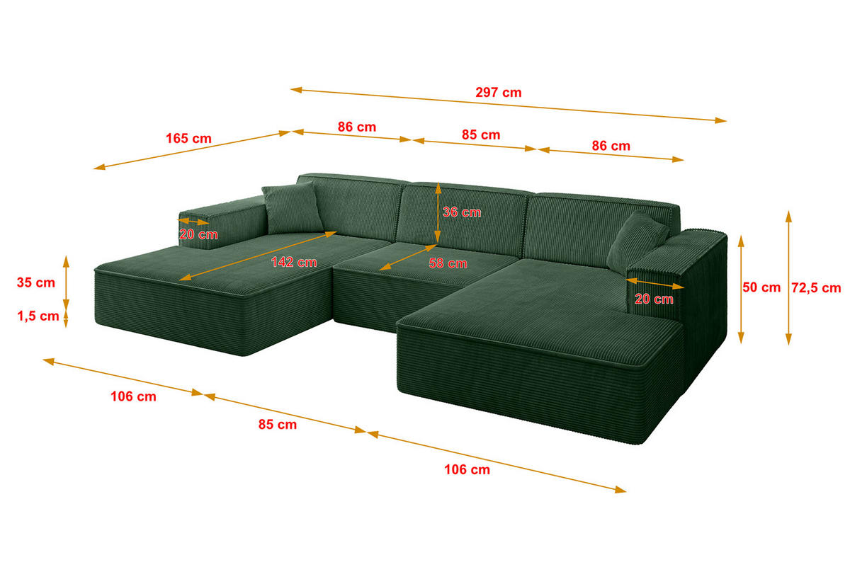 WOHNLANDSCHAFT IREA-U1-v4 - 297x165x72,5 cm Grün - Grün, Holzwerkstoff/Textil (297/72/165cm) - ALTDECOR