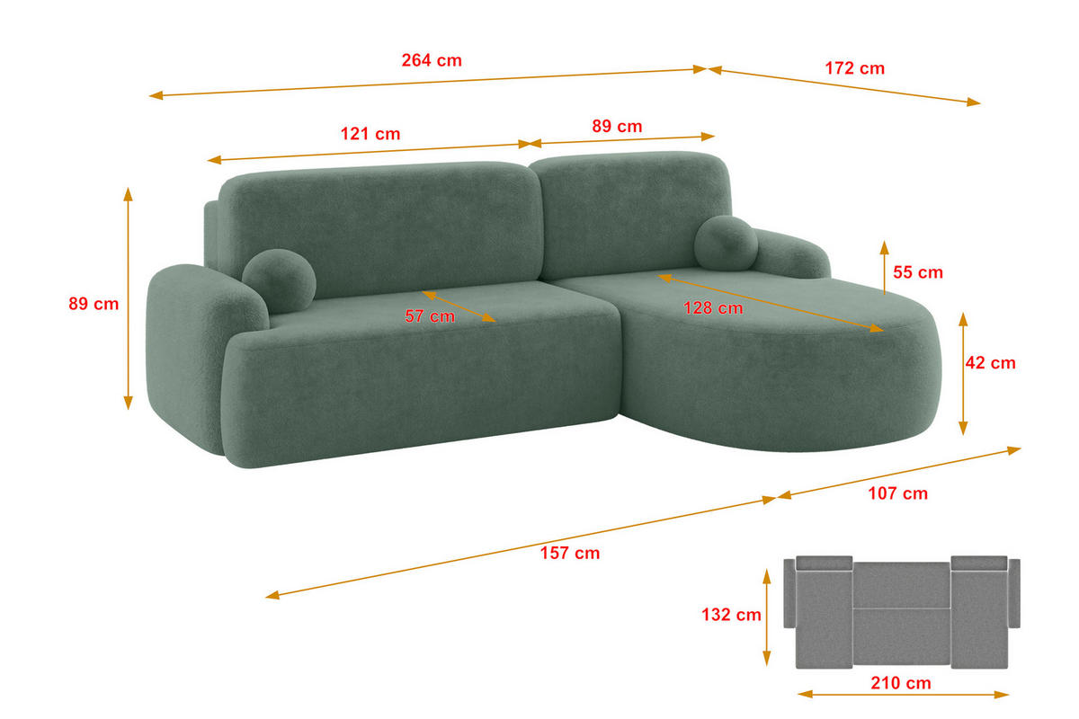 ECKSOFA mit Schlaffunktion und Bettkasten LIRA-L - 264x172x89 Salbeigrün - Salbeigrün, Holzwerkstoff/Textil (172/264cm) - ALTDECOR