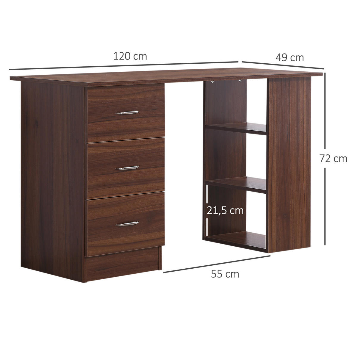 SCHREIBTISCH Walnussoptik mit Schubladen und Regalfächern 120/49/72 cm - Walnussfarben, Holz (49/120/72cm) - PANGIVO