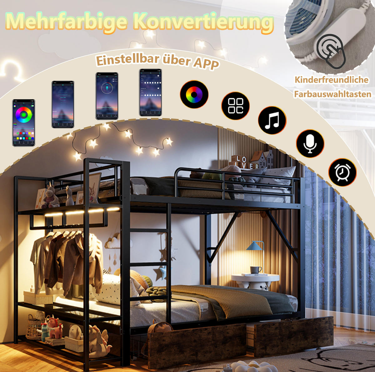 ETAGENBETT aus Metall und MDF 140x200 cm Schwarz mit LED-Beleuchtung, Schubladen und Ablagen - Schwarz, Metall (140/200cm) - IVMEU