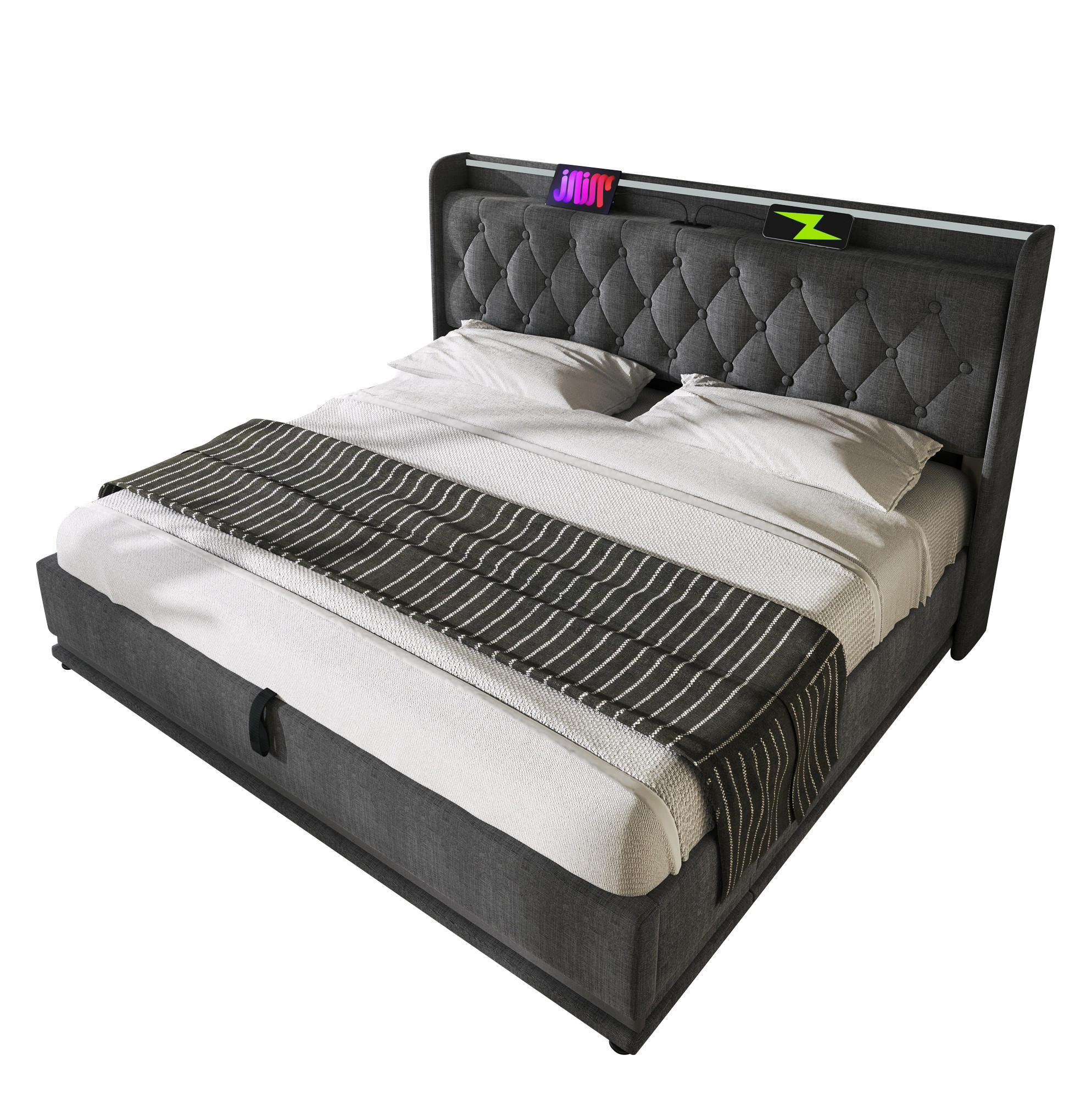 Redom ČALOUNĚNÁ postel 160/200 cm s 360° LED osvětlením, USB a USB-C nabíjením, úložným prostorem, Šedá
