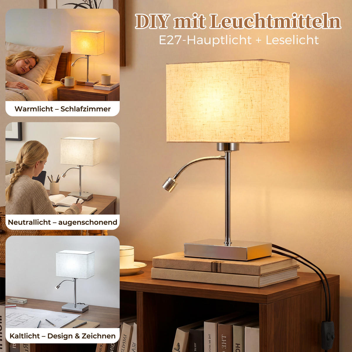 TISCHLAMPE Xylox 15/10/38 cm - Chromfarben/Braun, Textil/Metall (15/10/38cm) - ZMH