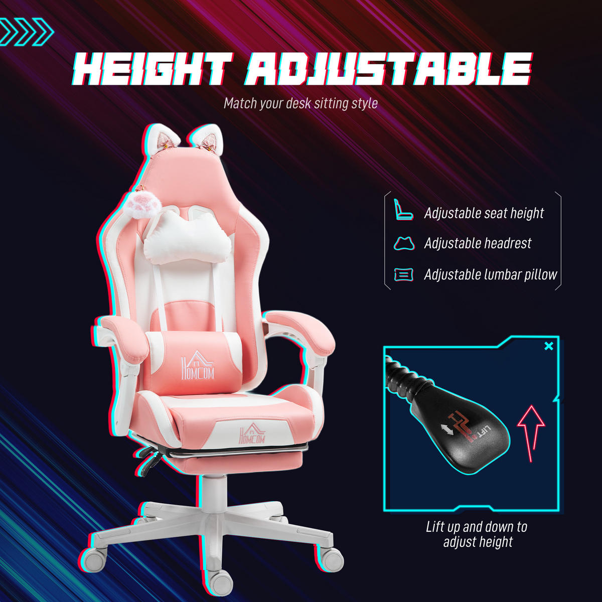 GAMING Stuhl Ergonomischer Gamer Stuhl mit Lendenwirbelstütze, Fußstütze Rosa - Rosa/Weiß, Leder/Kunststoff (62/124/65cm) - HOMCOM