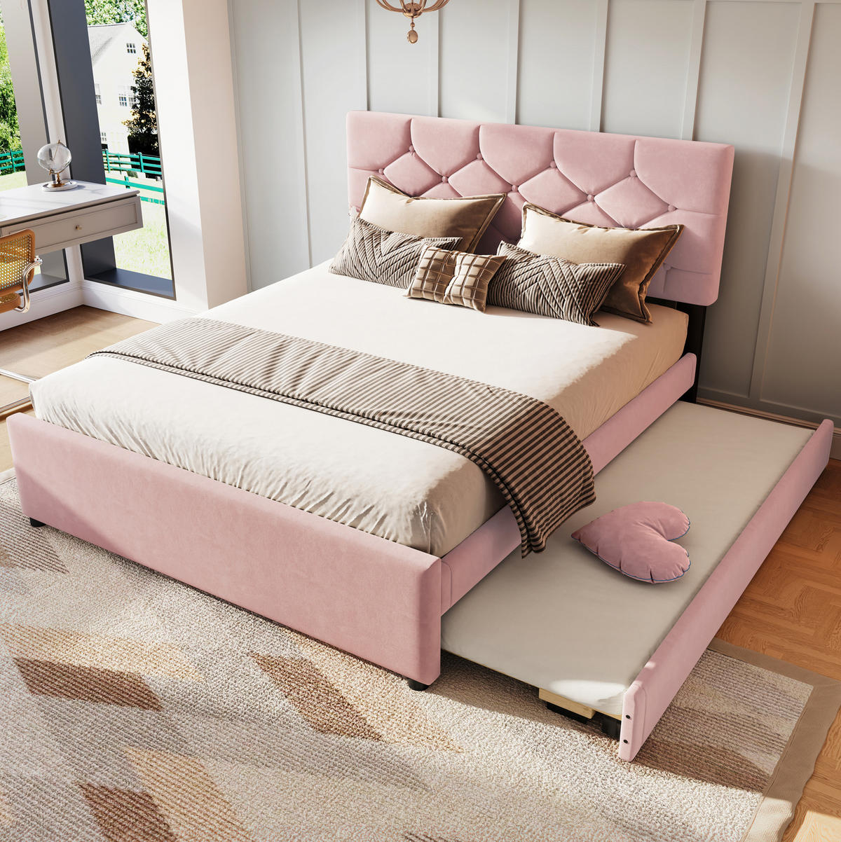 POLSTERBETT 140/200 cm mit Lattenrost, ausziehbarem Rollbett und Samtbezug, Rosa - Rosa, Textil (140/200cm) - Redom
