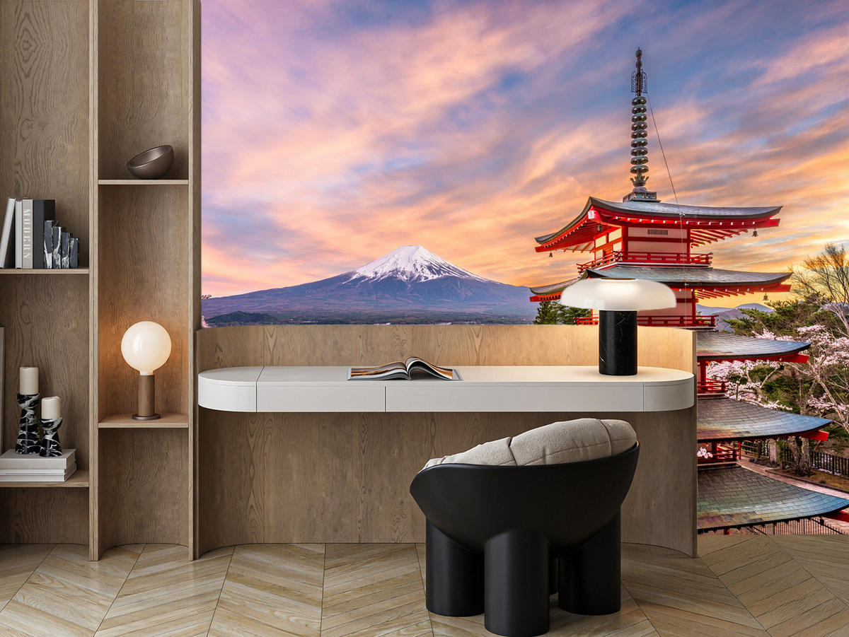 FOTOTAPETE für Wohnzimmer Japanische Pagode Frühling Sonnenuntergang 150x105 - Rot/Violett, Papier (150/105cm) - Muralo