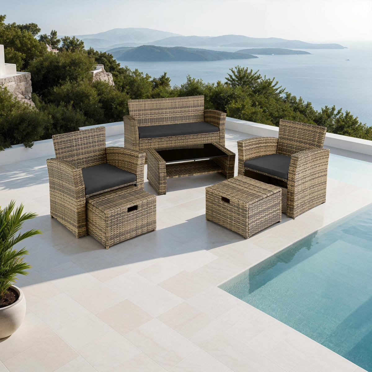 RATTAN SITZGRUPPE Modena,inklusive Staufach und Schutzhülle,natur - Naturfarben, Kunststoff - tectake