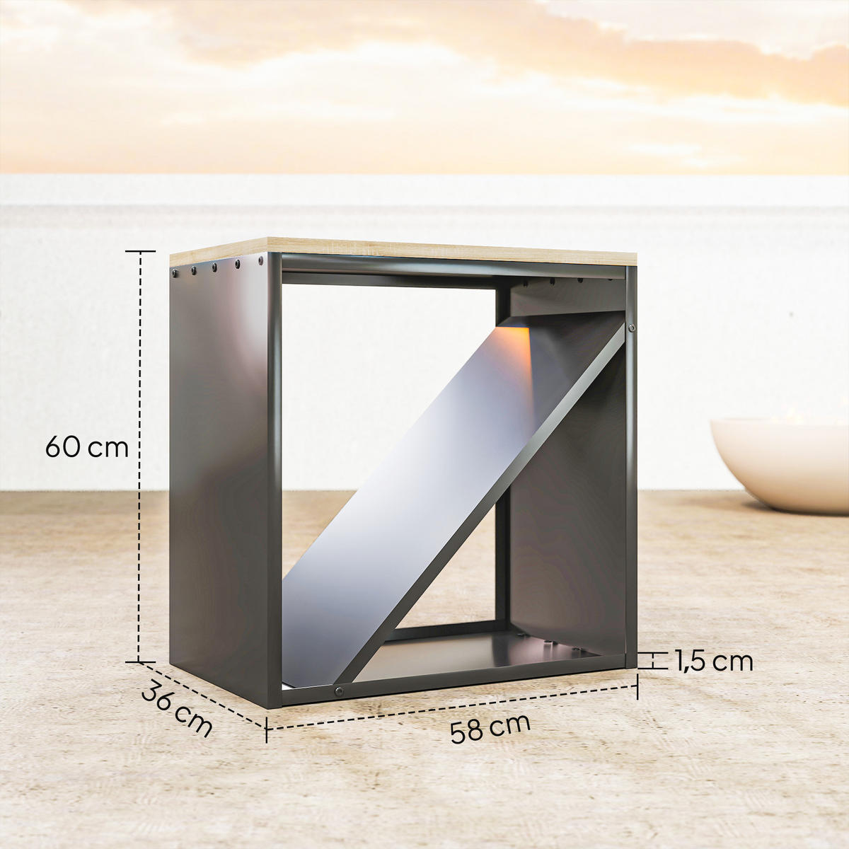 KAMINHOLZREGAL 2-in-1 für innen 58 x 36 x 60cm Brennholzregal Metall - Schwarz, Metall (36/60/58cm) - Outsunny