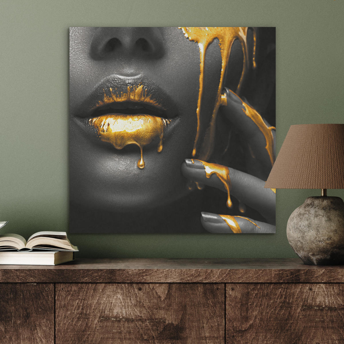 AKUSTIKBILD Frau - Schwarz - Gold - Gesicht - Lippen Wandbilder 60x60 cm - Goldfarben, Kunststoff (60/60/0.9cm) - MuchoWow