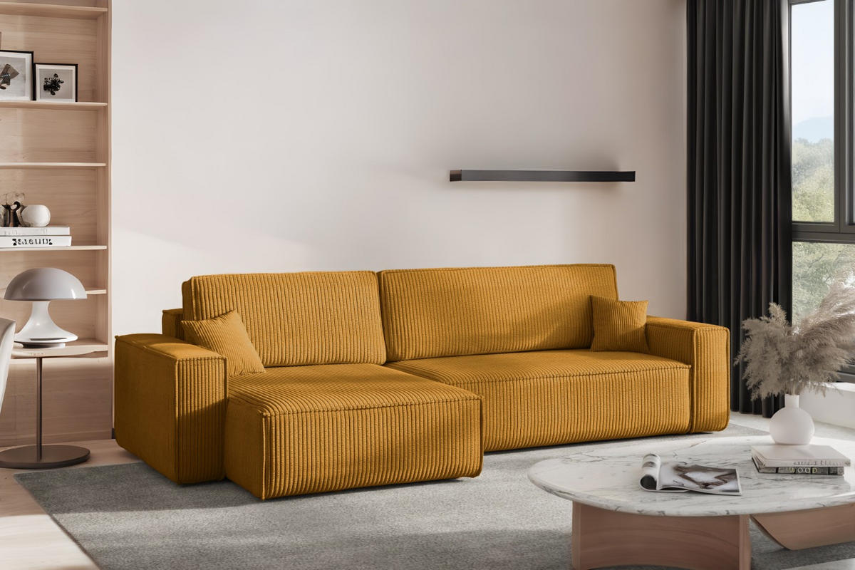 ECKSOFA Mit Schlaffunktion Und Bettkasten, Eckcouch BEST XL Stoff Poso Dicker Cord Senffarbe Links - Schwarz/Orange, Holz/Kunststoff (142/274cm) - Kaiser Möbel