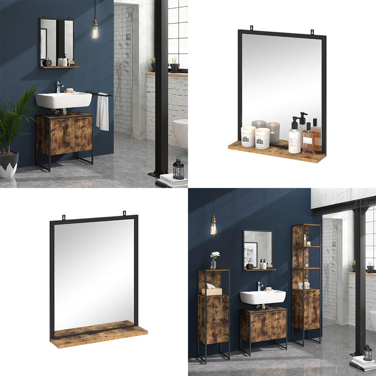 BADEZIMMERSPIEGEL Fyrk Antikholz 50 x 60 cm - Alteiche/Schwarz, Glas (50/60/12cm) - Vicco