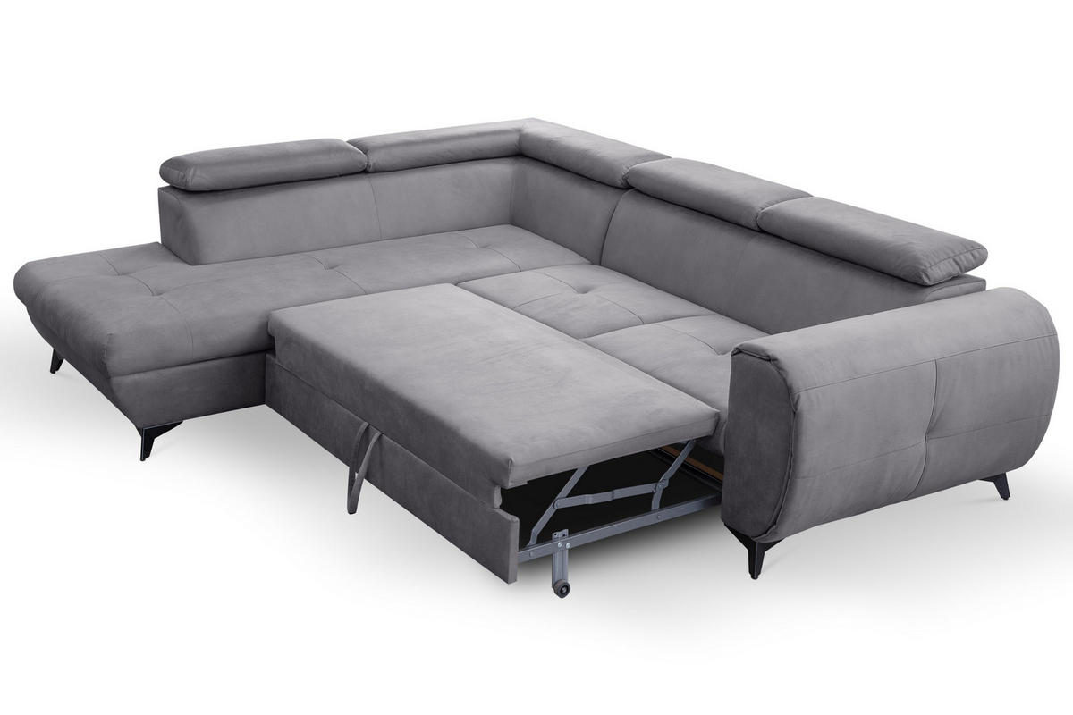 ECKSOFA MAGIA L-S Grau Plüsch-Stoff mit Schlaffunktion - Grau, Holz (260/217cm) - MASSENO