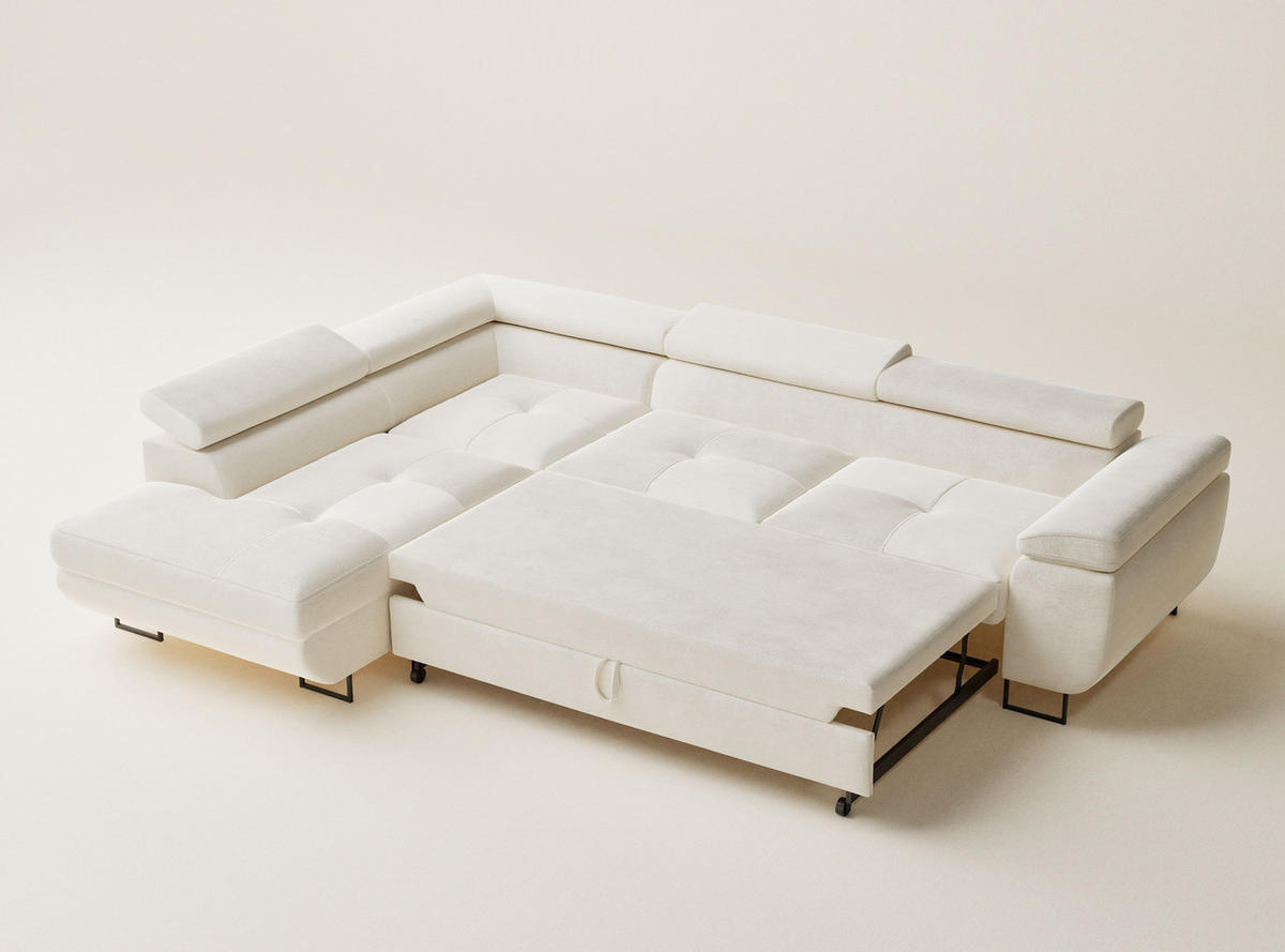 ECKSOFA Concord Creme Chenille-Stoff - Links Seite - Creme/Schwarz, Holz/Holzwerkstoff (203/277cm) - Maison de Reve