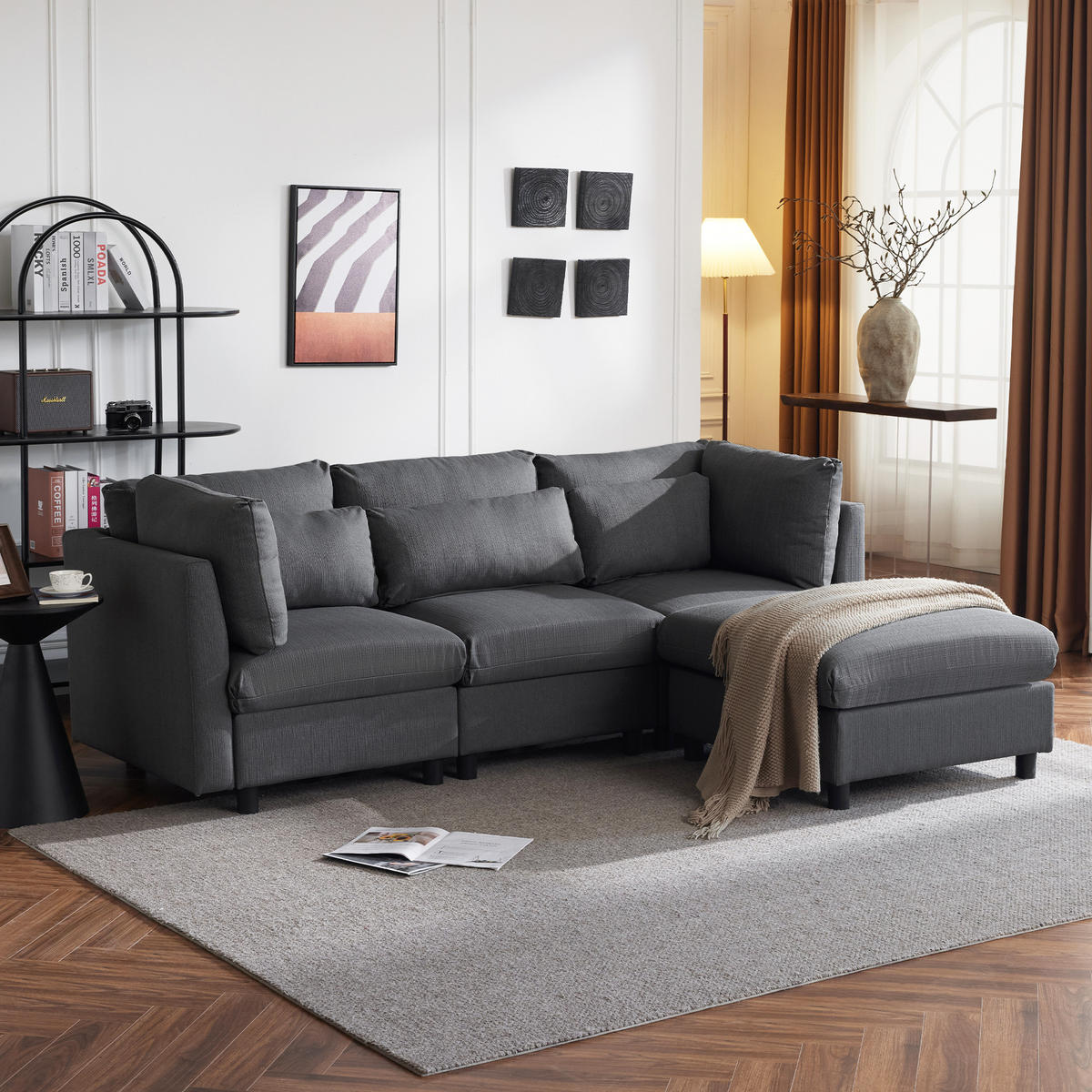 MODULSOFA Ecksofa L-Form mit Hocker Modern Grau 3-Sitzer - Grau, Holz (76/76cm) - FLIEKS