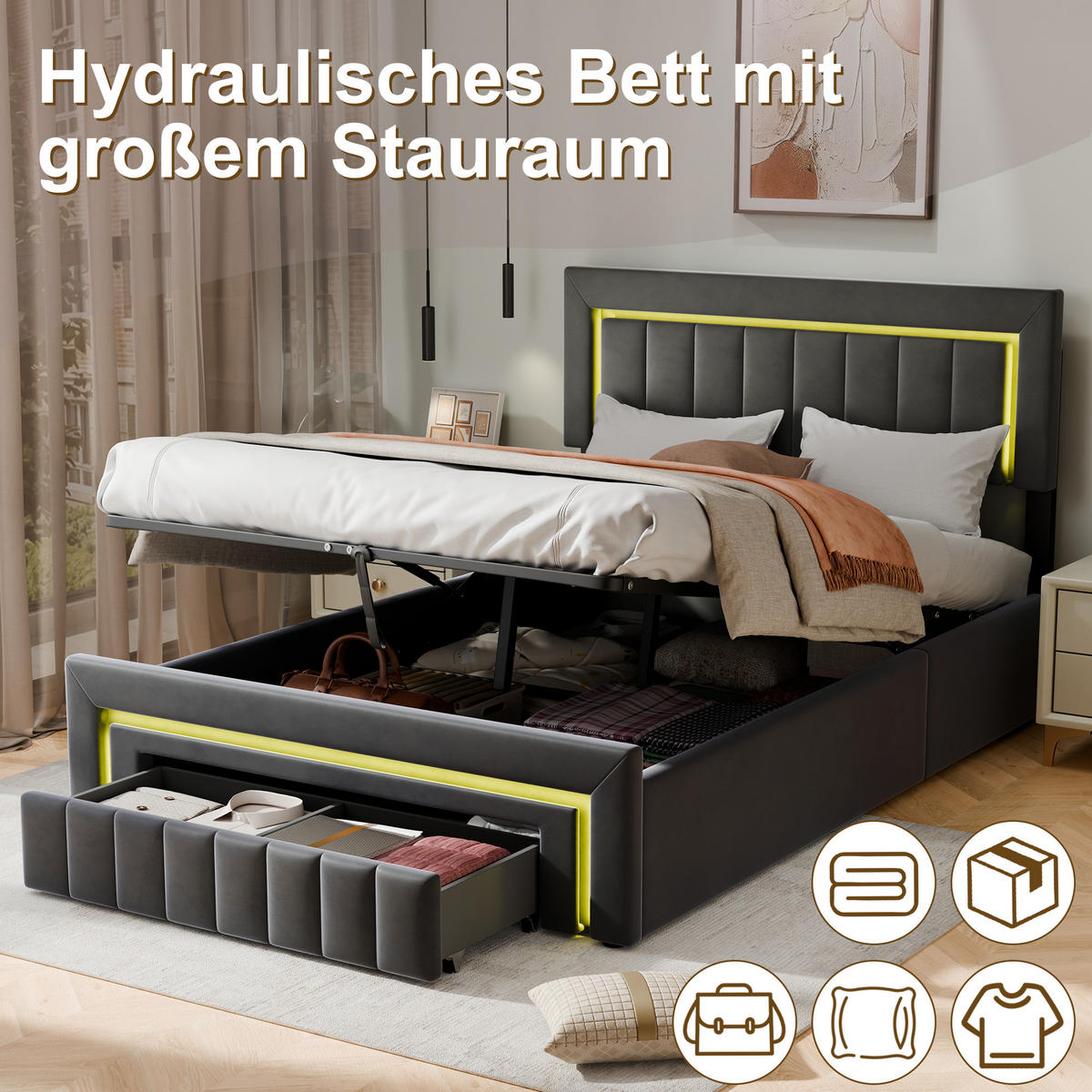 POLSTERBETT aus Samt 140x200 cm Grau mit LED-Beleuchtung und hydraulischem Stauraum - Grau, Textil (140/200cm) - Modfu