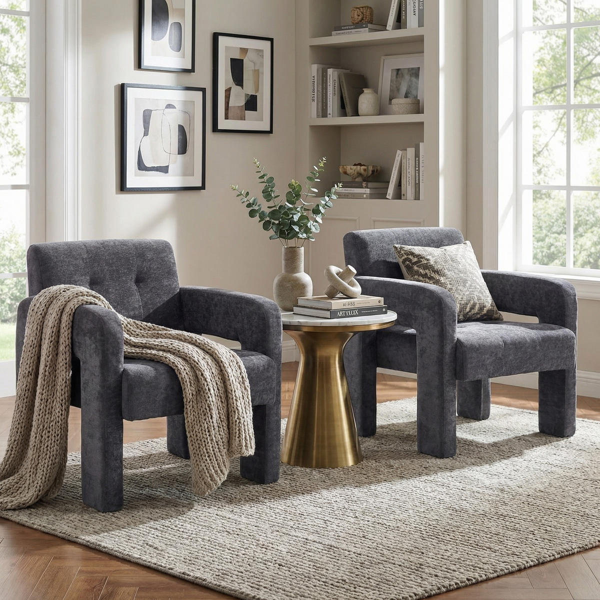 SESSEL Nordic Style aus Chenille mit ergonomischen Armlehnen - Grau, Textil (67.5/74.5/69cm) - Urban Meuble