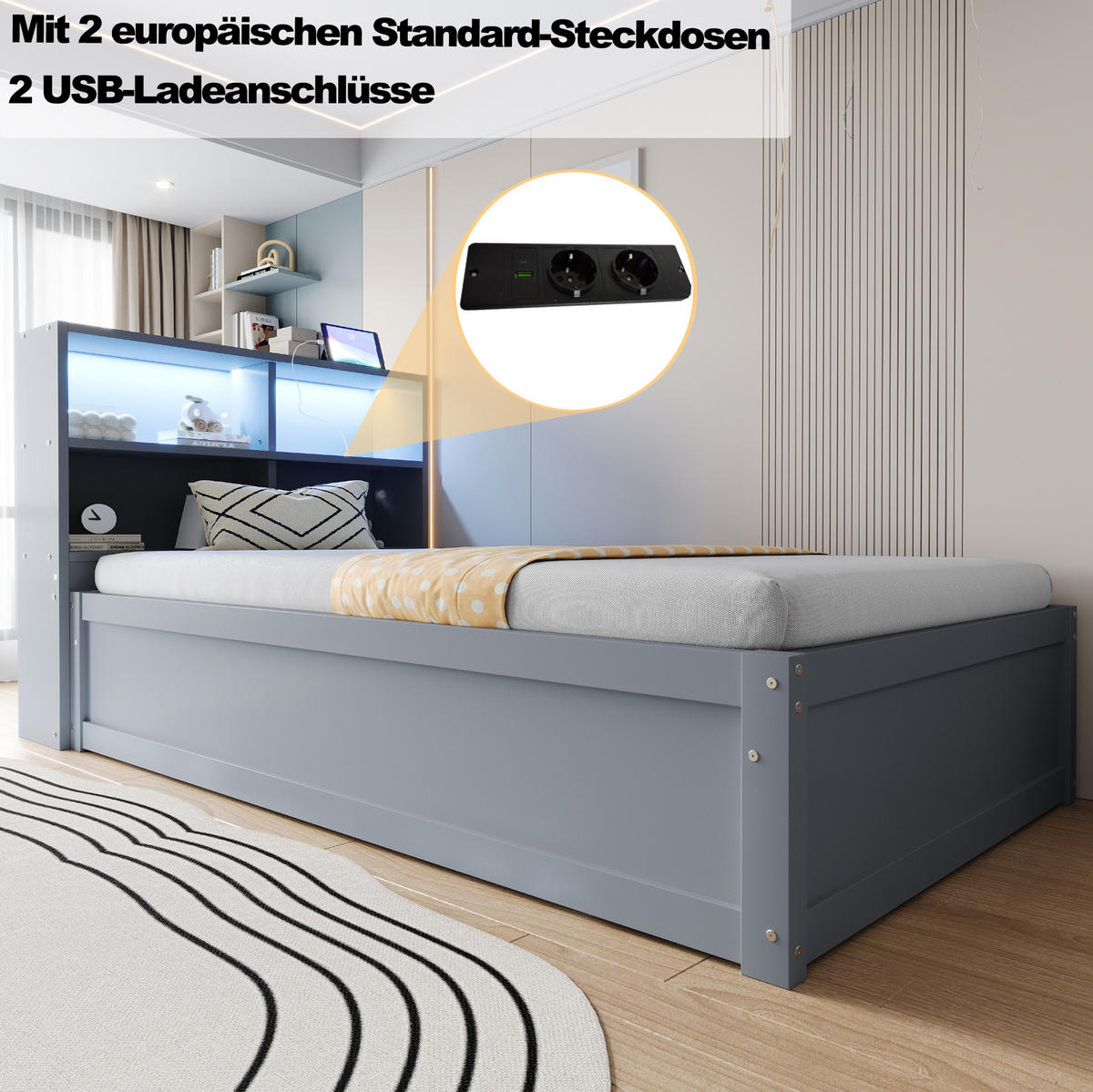BETT 90/200 cm Grau aus Holz mit LED-Lichtleiste - Grau, Holz (90/200cm) - OKMYHOME