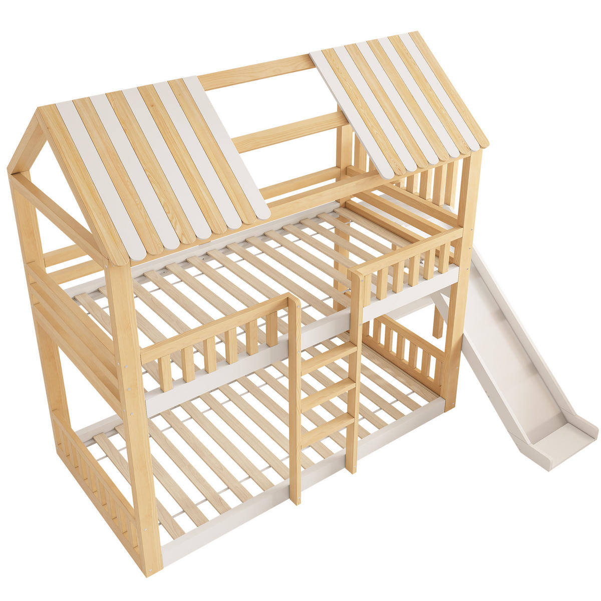 ETAGENBETT 90/200 cm Naturholz + Weiß mit Rutsche und Regalen - Naturfarben, Holz (90/200cm) - Oxeza