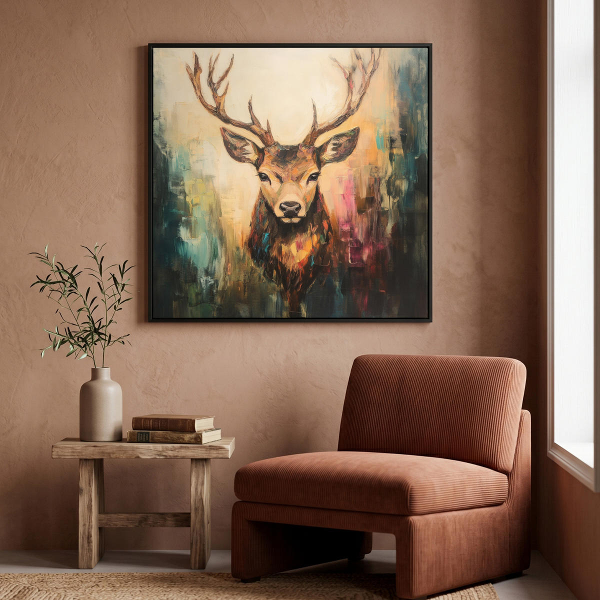 LEINWAND Bilder mit Rahmen - Hirsch - Gemalt - Geweih - Braun - 90x90 - Haselnussfarben, Textil (90/90cm) - MuchoWow