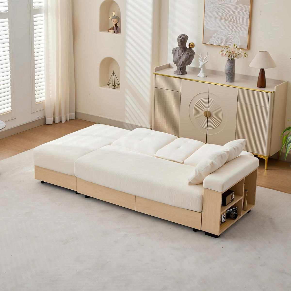 SCHLAFSOFA Beige mit Chenille-Bezug, dreistufig verstellbarer Rückenlehne und vielfältigem Stauraum 217 × 110 × 90 cm - Beige, Textil (217/90/110cm) - Luhomfu