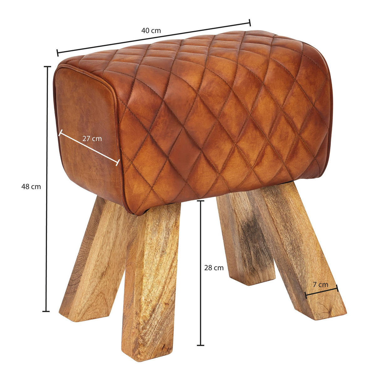 SITZHOCKER – Echtleder, Rautenmuster, robust - Braun, Mangoholz/Leder (40/48/27cm) - KADIMA DESIGN