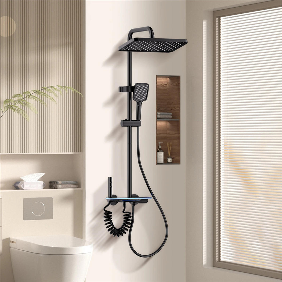 ÜBERKOPFBRAUSESET Digitalanzeige LED Kupfer Glas Regendusche, schwarz - Schwarz, Metall (20/135/31cm) - Bextcok
