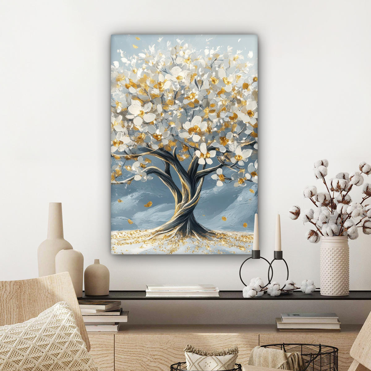 LEINWANDBILD Baum - Winter - Baum des Lebens - Modern - Gold Wanddeko Schlafzimmer 60x90 cm - Goldfarben, Textil (60/90cm) - MuchoWow