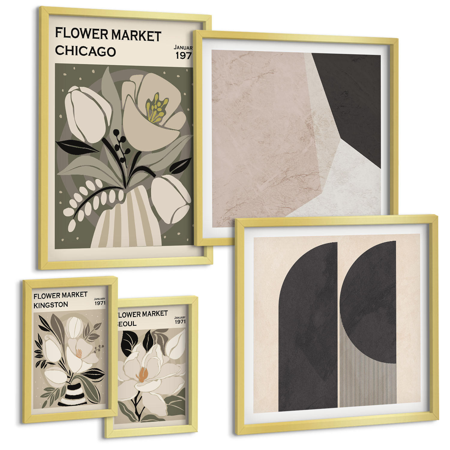 BILDER SET 5er Set - 50x50 cm & 20x30 cm & 40x60 cm Goldrahmen - Kingston Seoul Retro-Blumen - Goldfarben, Kunststoff (40/60cm) - TULUP