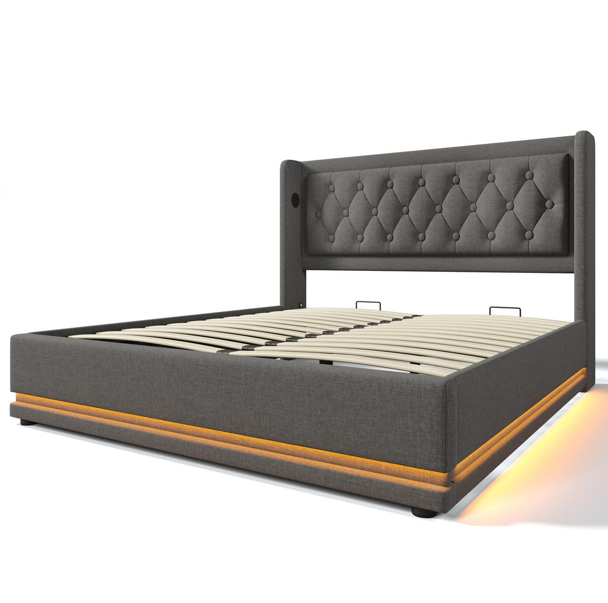 POLSTERBETT mit Bettkasten 160/200 cm in Grau mit LED und USB-C - Grau, Textil (160/200cm) - BEAOK