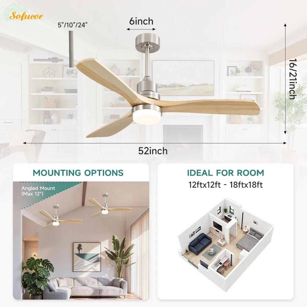DECKENLEUCHTE mit Ventilator 52 Zoll 3-Blatt, DC 6 Geschwindigkeiten hohe Windgeschwindigkeit mit Fernbedienung, Nickel - Nickelfarben, Kunststoff (132/132/40cm) - Kaket