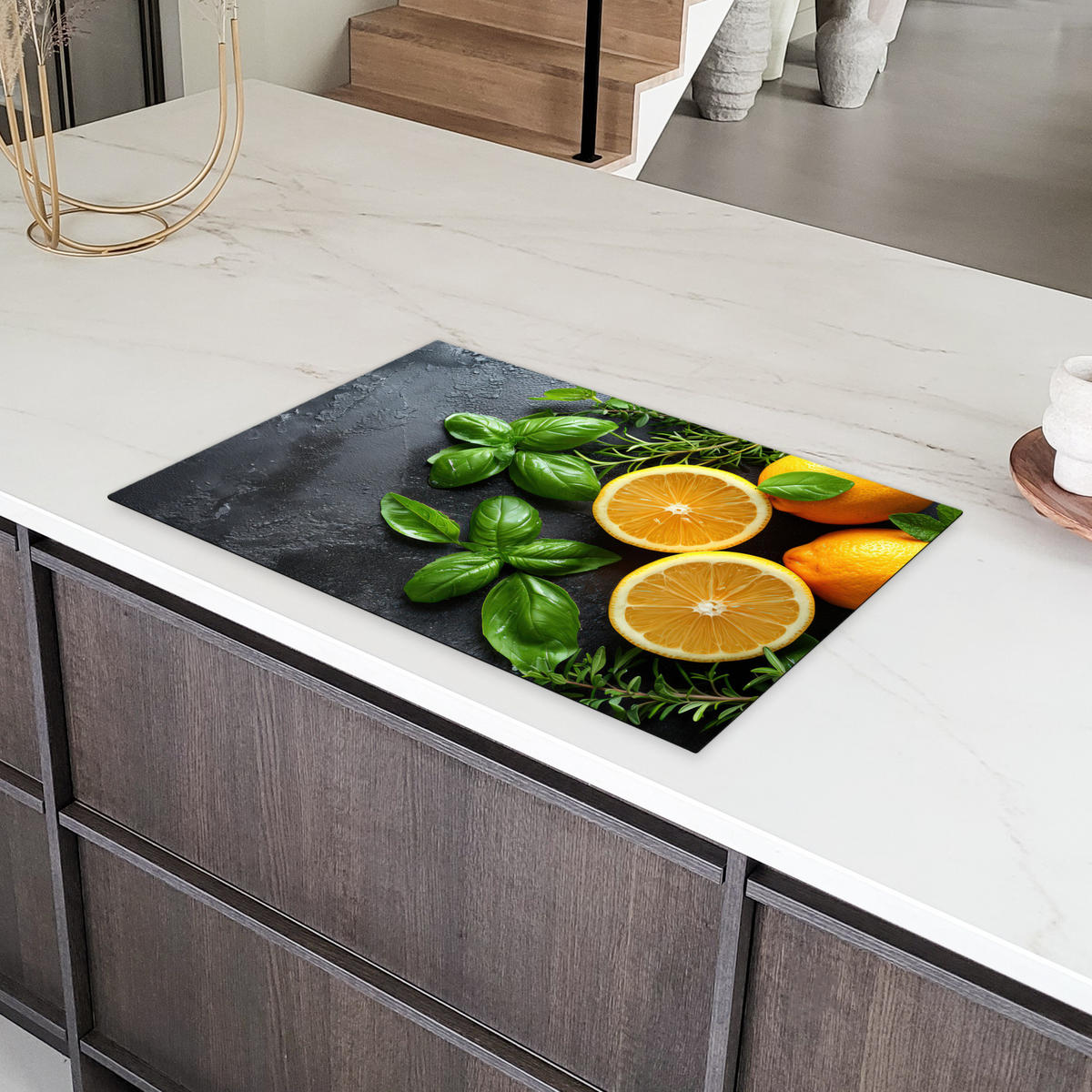 HERDABDECKPLATTE Obst - Grau - Konkret - Orange - Pflanzen Induktionsmatte 81x52 cm - Anthrazit, Kunststoff (81/52/0.2cm) - MuchoWow