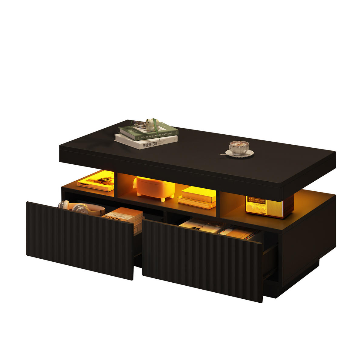 COUCHTISCH 100/50/45 cm in Schwarz mit 2 Schubladen und LED-Beleuchtung - Schwarz, Holzwerkstoff (100/50/45cm) - Flora Grace