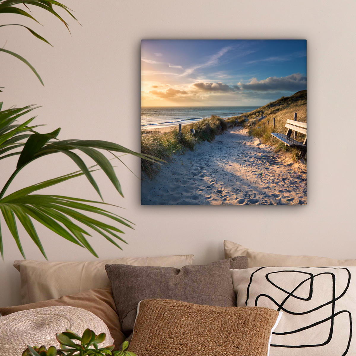 LEINWANDBILD - Sonnenuntergang - Strand - Düne - Gras - Ufer - 50x50 - Room Decor - Sandfarben, Textil (50/50cm) - MuchoWow
