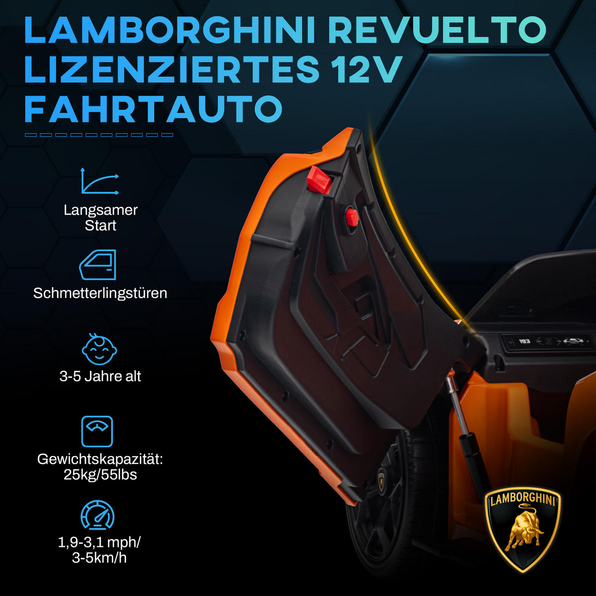 ELEKTROAUTO DE-06232 Lamborghini-inspiriert mit Fernbedienung Orange - Orange, Kunststoff/Metall (105/60/40cm) - ComfortXL