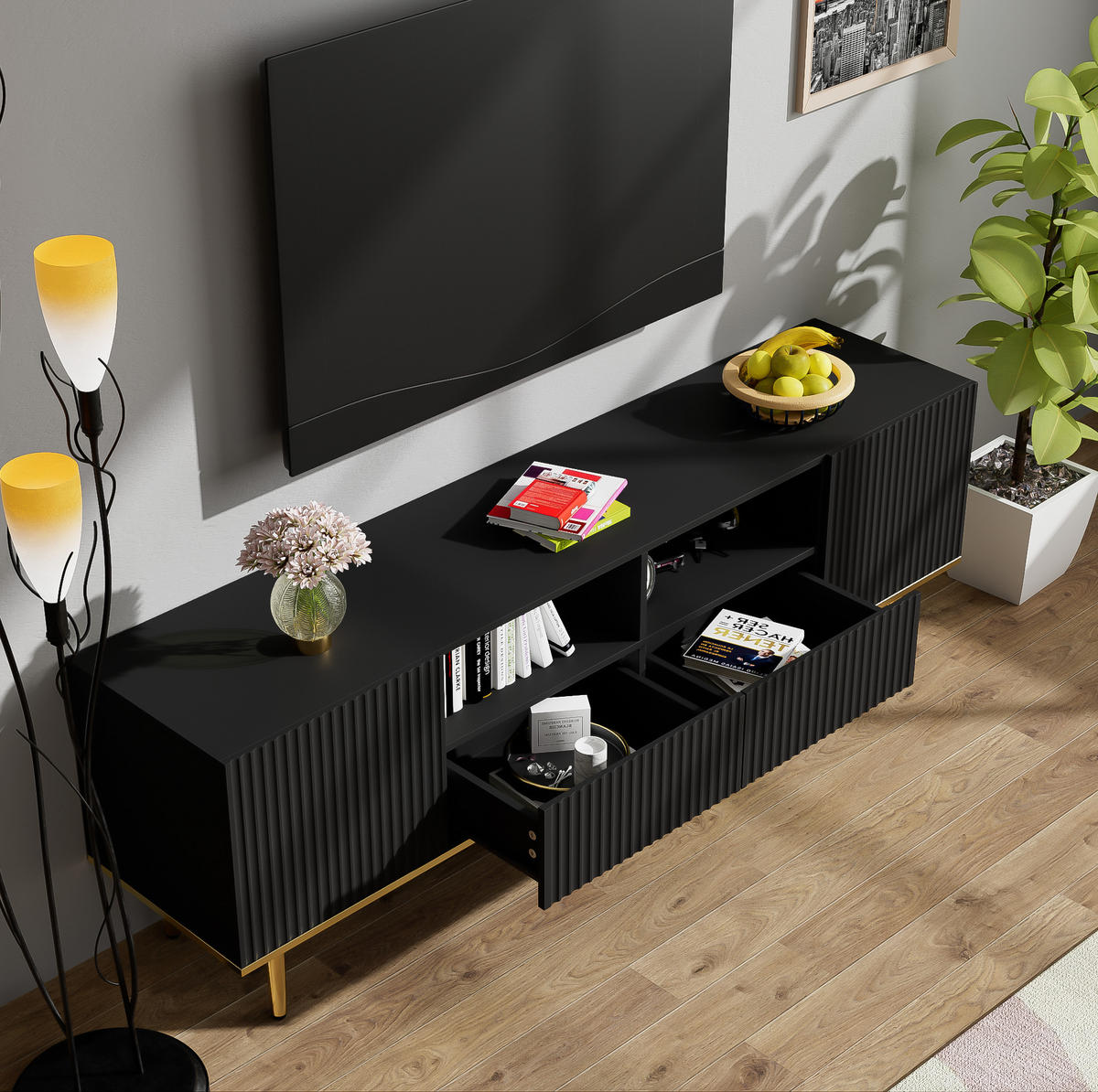 TV-LOWBOARD aus Spanplatte 165x36x55 cm Schwarz-Gold mit 2 Schubladen und 2 Fächern - Schwarz, Holzwerkstoff (165/55/36cm) - IVMEU