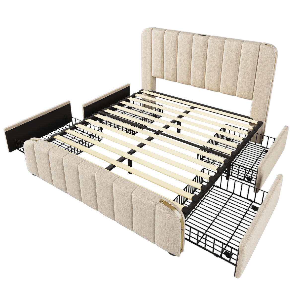 POLSTERBETT 140/200 cm mit 4 Schubladen und USB-C, gepolstertes Kopfteil Beige - Beige, Textil (140/200cm) - BEAOK