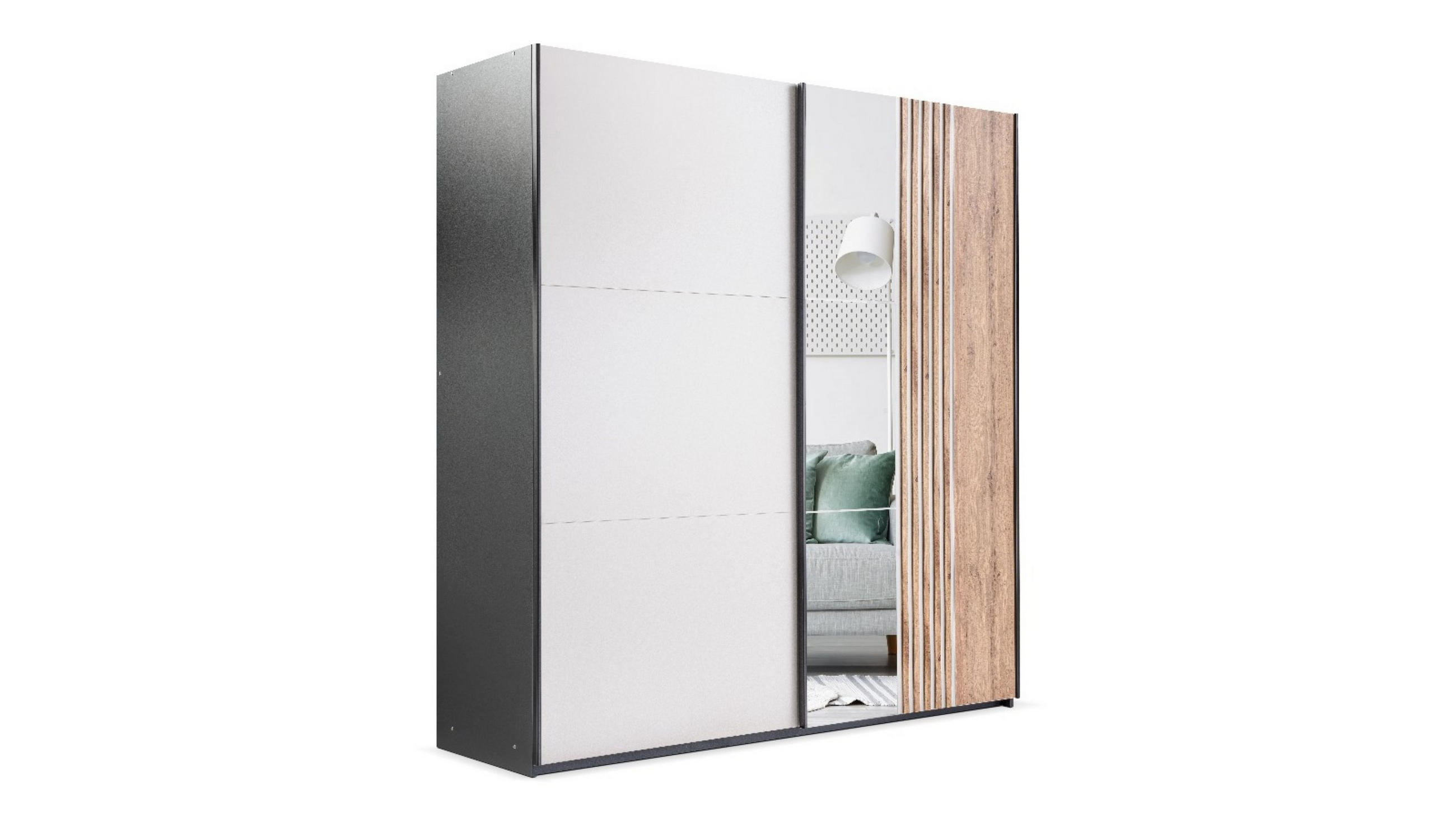 SCHWEBETÜRENSCHRANK BARD 203/215/65 cm 2-türig mit Spiegel Schwarz - Kaschmir/Schwarz, Holzwerkstoff (203/215/65cm) - MASSENO