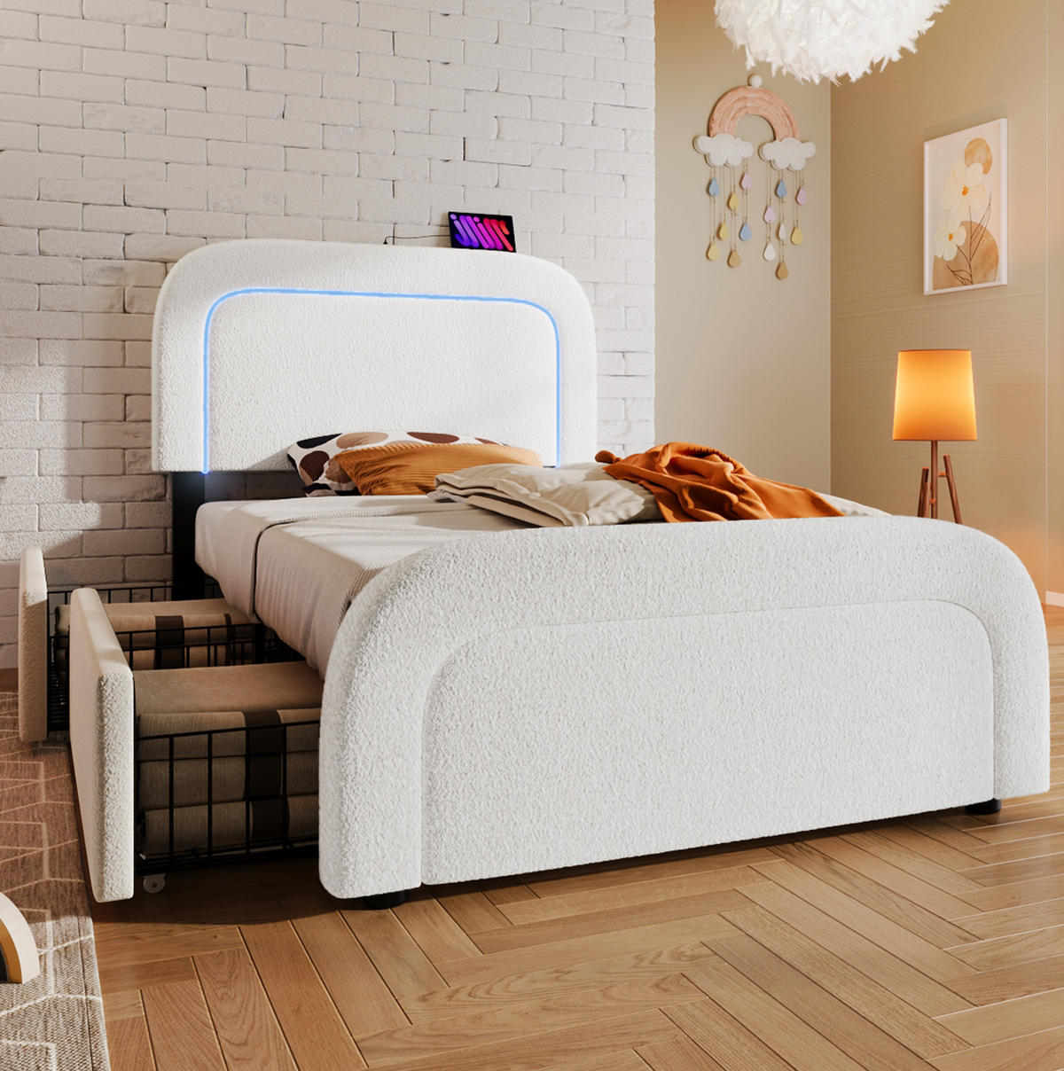 POLSTERBETT 90/200 cm aus Sherpa mit LED, USB-C und 2 Schubladen Weiß - Weiß, Fell (90/200cm) - Modenvie
