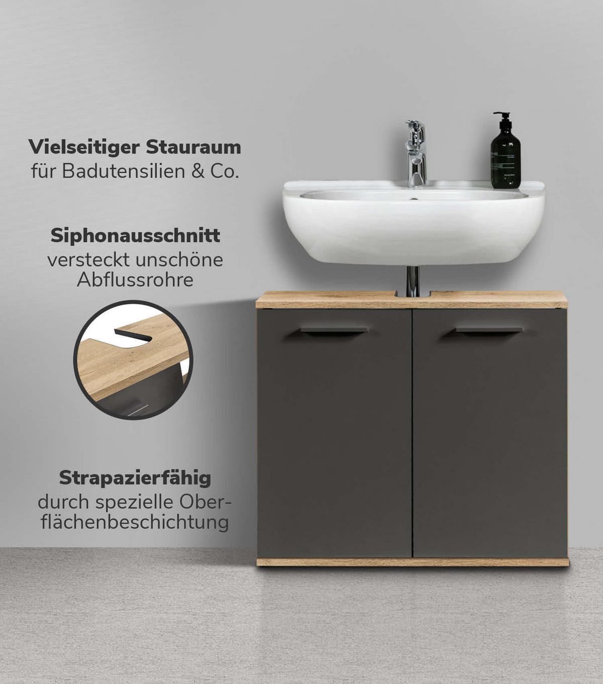 WASCHBECKENUNTERSCHRANK Der Waschbär - Anthrazit, Holzwerkstoff (70/60/34cm) - Mokebo