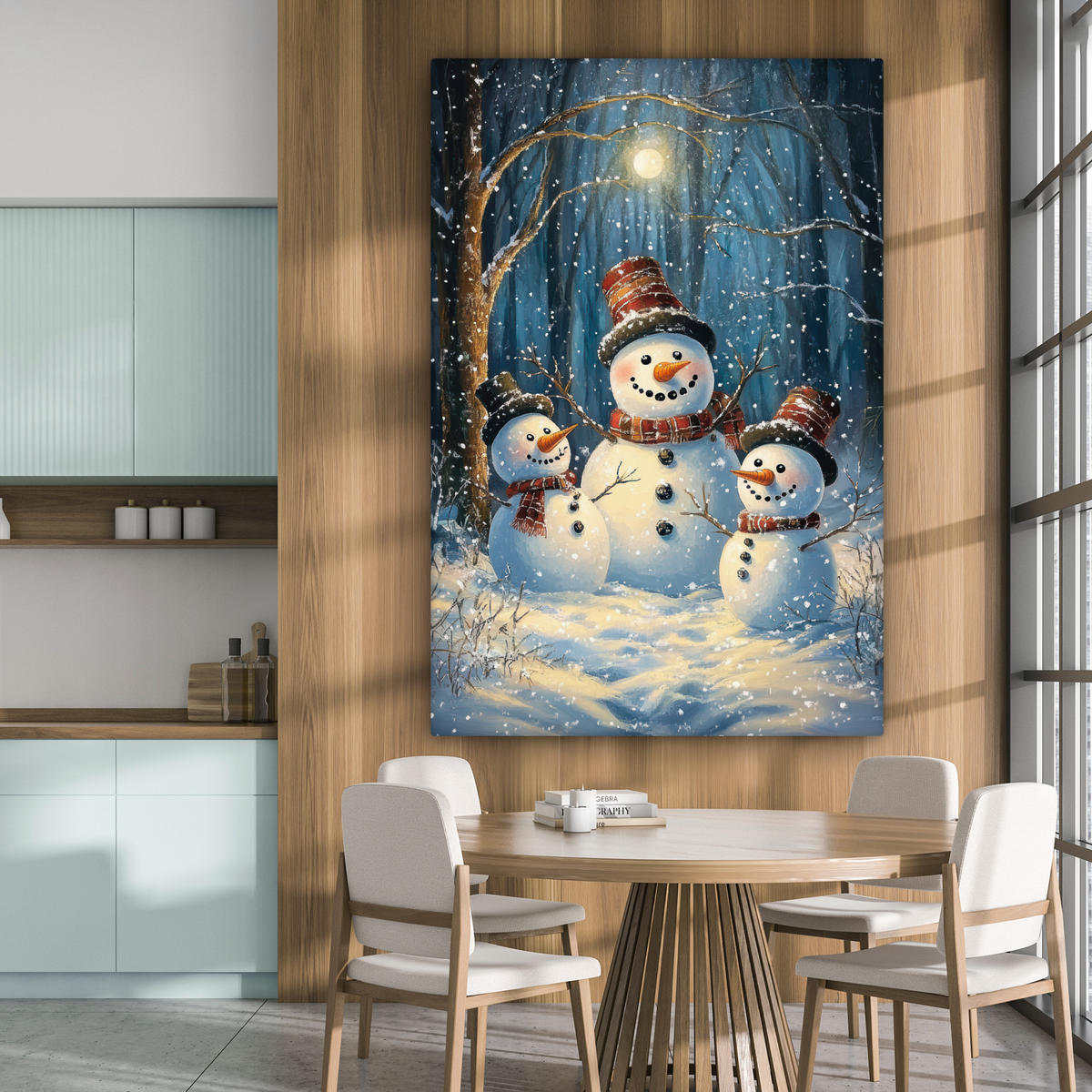 OBRAZ NA PLÁTNĚ Sněhulák - Sníh - Zima - Les 90x140 cm - světle modrá, textil (90/140cm) - MuchoWow